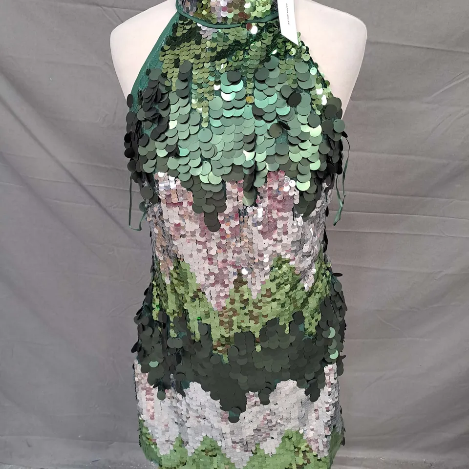 KAREN MILLEN DISC SEQUIN HALTER MINI DRESS IN GREEN SIZE 10