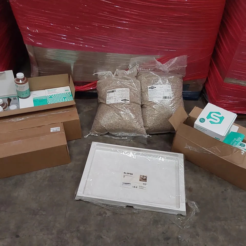 PALLET OF ASSORTED CONSUMER PRODUCTS TO INCLUDE: A LARGE QUANTITY OF SYMPROVE PREBIOTIC SUPPLEMENTS, SUNFLOWER SEEDS, BREAKFAST IN BED TRAY ECT