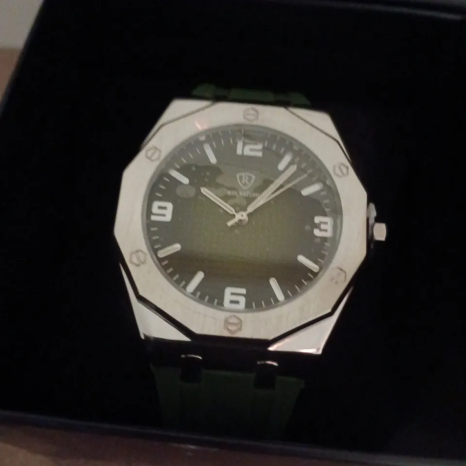 RUCKSTUHL SILVER COLOUR WRISTWATCH WITH GREEN RUBBER STRAP 