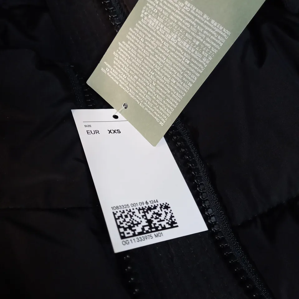 H&M BLACK PADDED/HOODED FULL LENGTH COAT - XXS