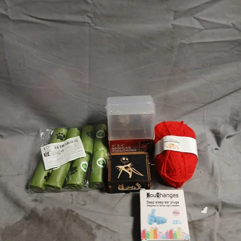 APPROXIMATELY 20 ASSORTED HOUSEHOLD ITEMS TO INCLUDE DOG POOP BAGS, KNITTING YARN AND DEEP SLEEP EAR PLUGS