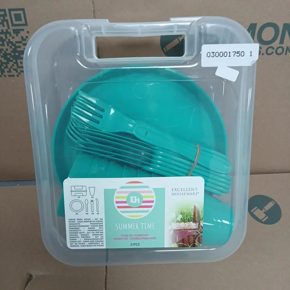 EXCELLENT HOUSEWARE SUMMER TIME PICNIC SET – 31PC TURQUOISE PLASTIC TABLEWARE