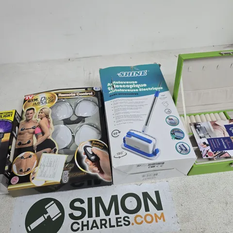 box of approximately 10 assorted products including a livmore green jewellery box, gym form duo impulse remote control and a decorative water fountain