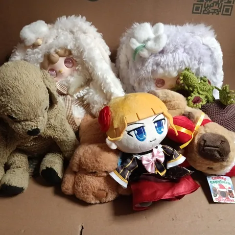 ASSORTED PLUSH TOYS – TEDDY BEAR, TWO FLUFFY WHITE ANIMALS, PANDA & ANIME-STYLE CHARACTER