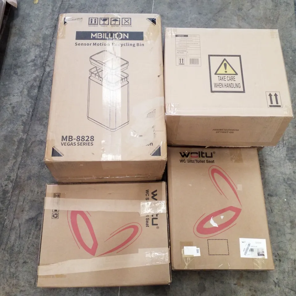 PALLET OF ASSORTED PRODUCTS INCLUDING SENSOR MOTION RECYCLING BIN, DIGITAL AIR FRYER, TOILET SEAT, 12.5M DRYING SPACE