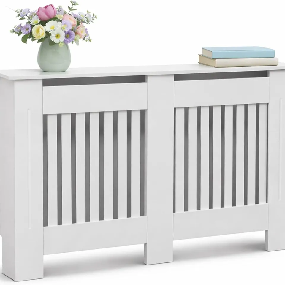 BOXED LARGE WHITE WOODEN SLATTED GRILL RADIATOR COVER MDF CABINET