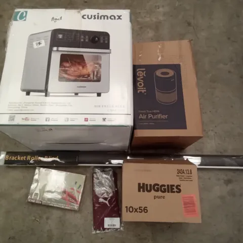 PALLET OF ASSORTED ITEMS INCLUDING CUSIMAX AIR FRYER OVEN, LEVOIT AIR PURIFIER, BRACKET ROLLER BLIND, HUGGIES NAPPIES, ARMY PAINTER HOBBY TOOL KIT, PUMA FOOTBALL SOCKS
