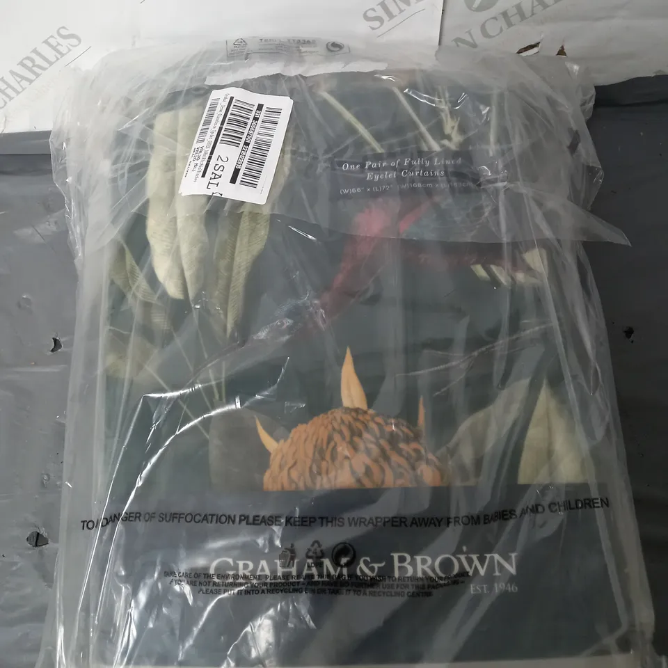 A PAIR OF GRAHAM AND BROWN GLASSHOUSE FULLY LINED RINGLET CURTAIN WITH BIRD DESIGN RRP £139