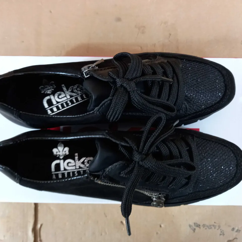 BOXED PAIR RIEKER WEDGE TRAINER IN BLACK, UK SIZE 3.5