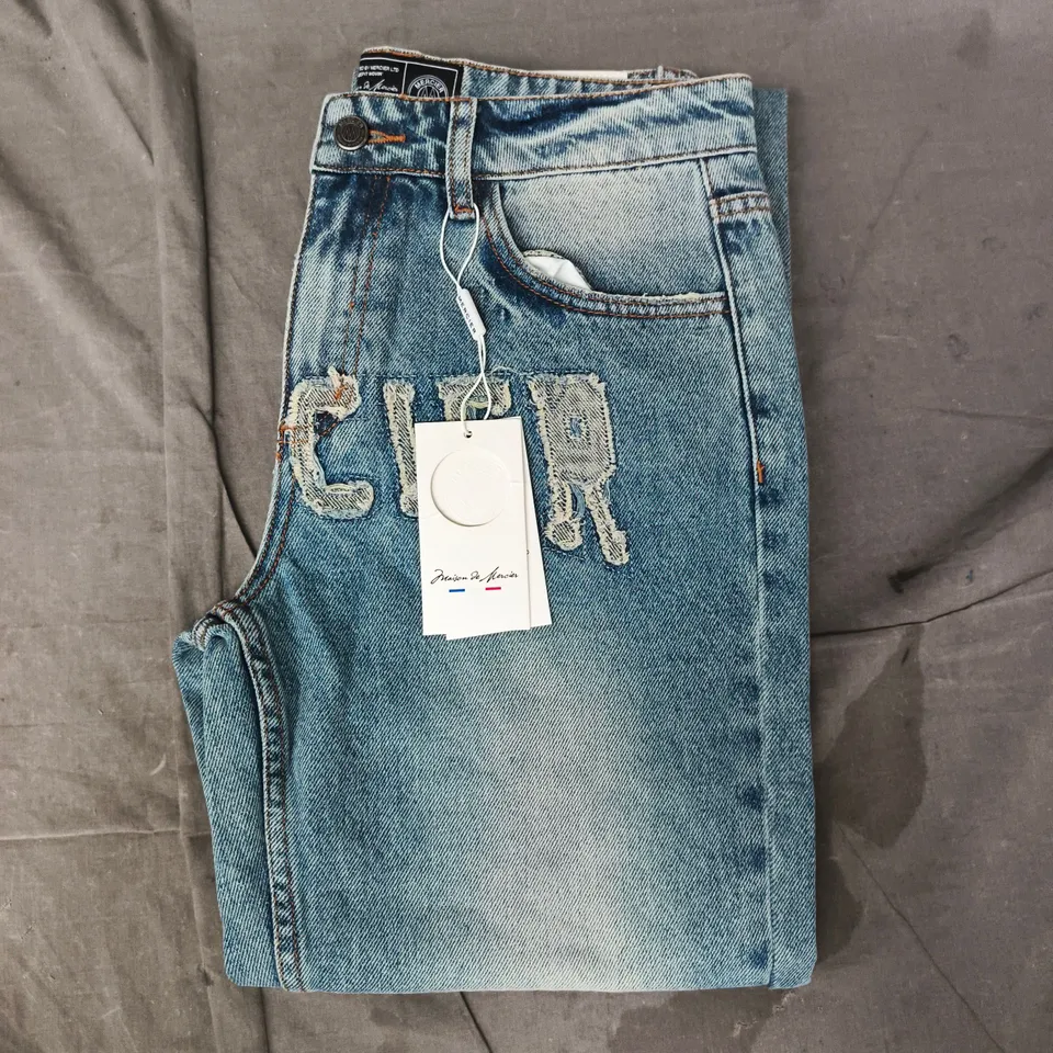 MERCIER RAW EDGE DISTRESSED DENIM JEANS IN BLUE SIZE 8