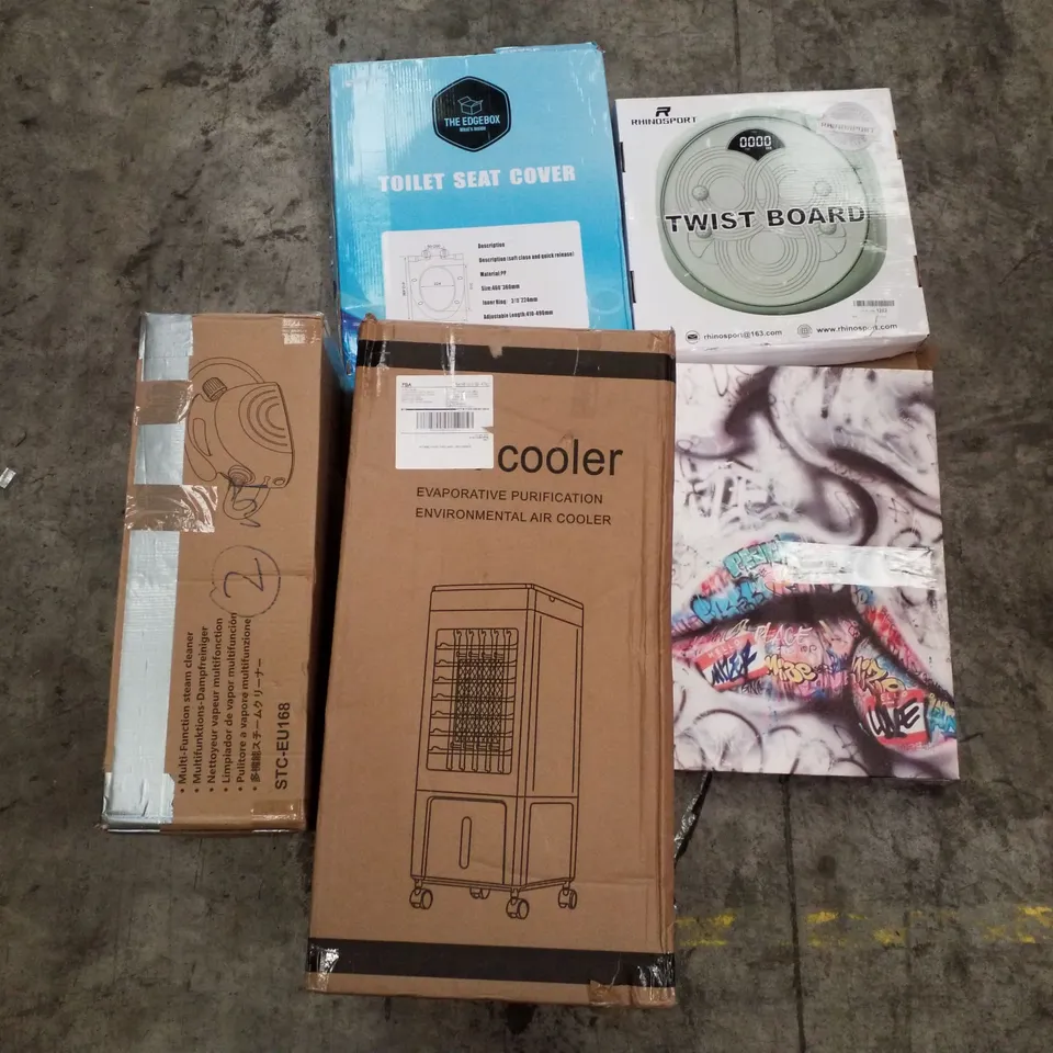 PALLET OF ASSORTED PRODUCTS INCLUDING TOILET SEAT, TWIST BOARD, AIR COOLER, WALL ART, MULTI-FUNCTION STEAM CLEANER