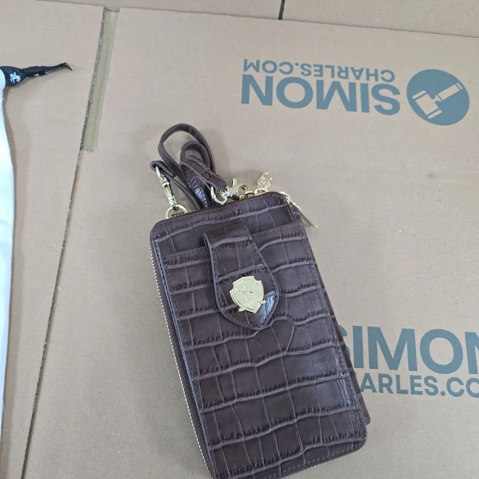 PAUL COSTELLOE DRESSAGE CROCODILE-EFFECT LEATHER CROSSBODY WALLET, BROWN 