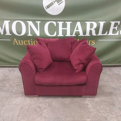 QUALITY DESIGNER EX DISPLAY VELVET LOVESEAT - WINE RED