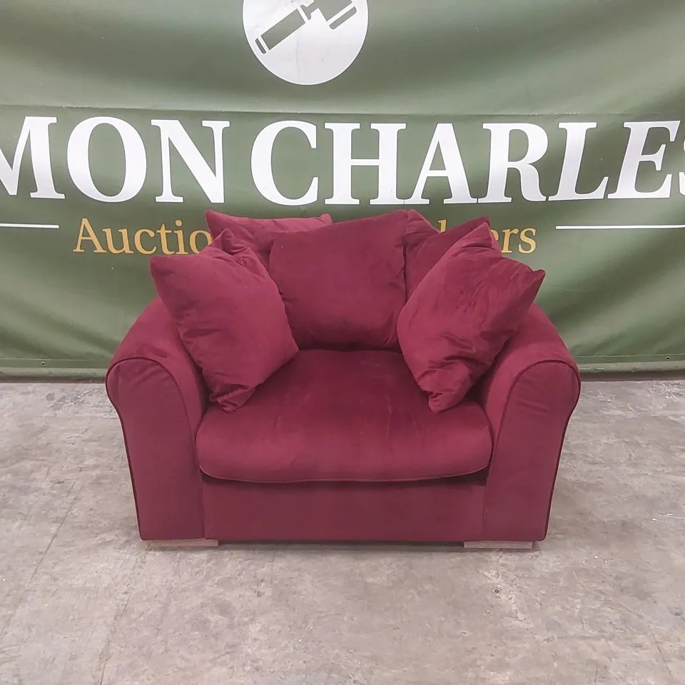 QUALITY DESIGNER EX DISPLAY VELVET LOVESEAT - WINE RED