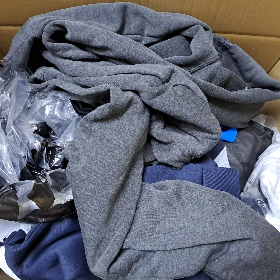 BOX OF APPROXIMATELY 20 ASSORTED CLOTHING ITEMS TO INCUDE - SOCKS, JUMPERS , T-SHIRTS , TROUSERS,ECT 
