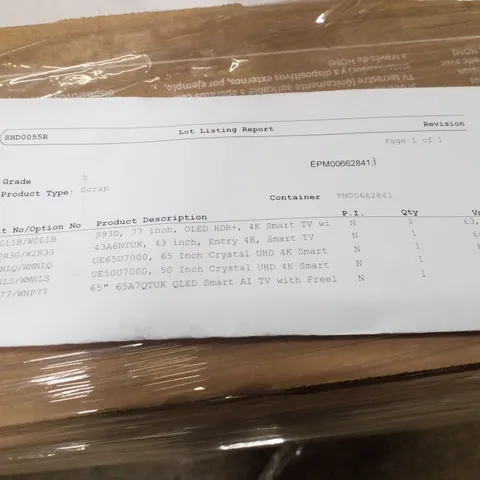 PALLET OF FIVE ASSORTED WAREHOUSE DAMAGED TV'S TO INCLUDE;