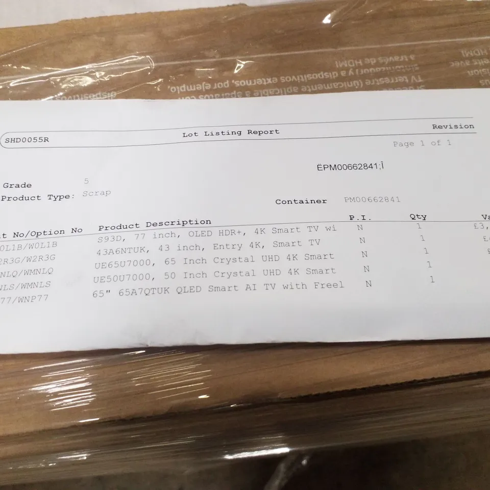 PALLET OF FIVE ASSORTED WAREHOUSE DAMAGED TV'S TO INCLUDE;