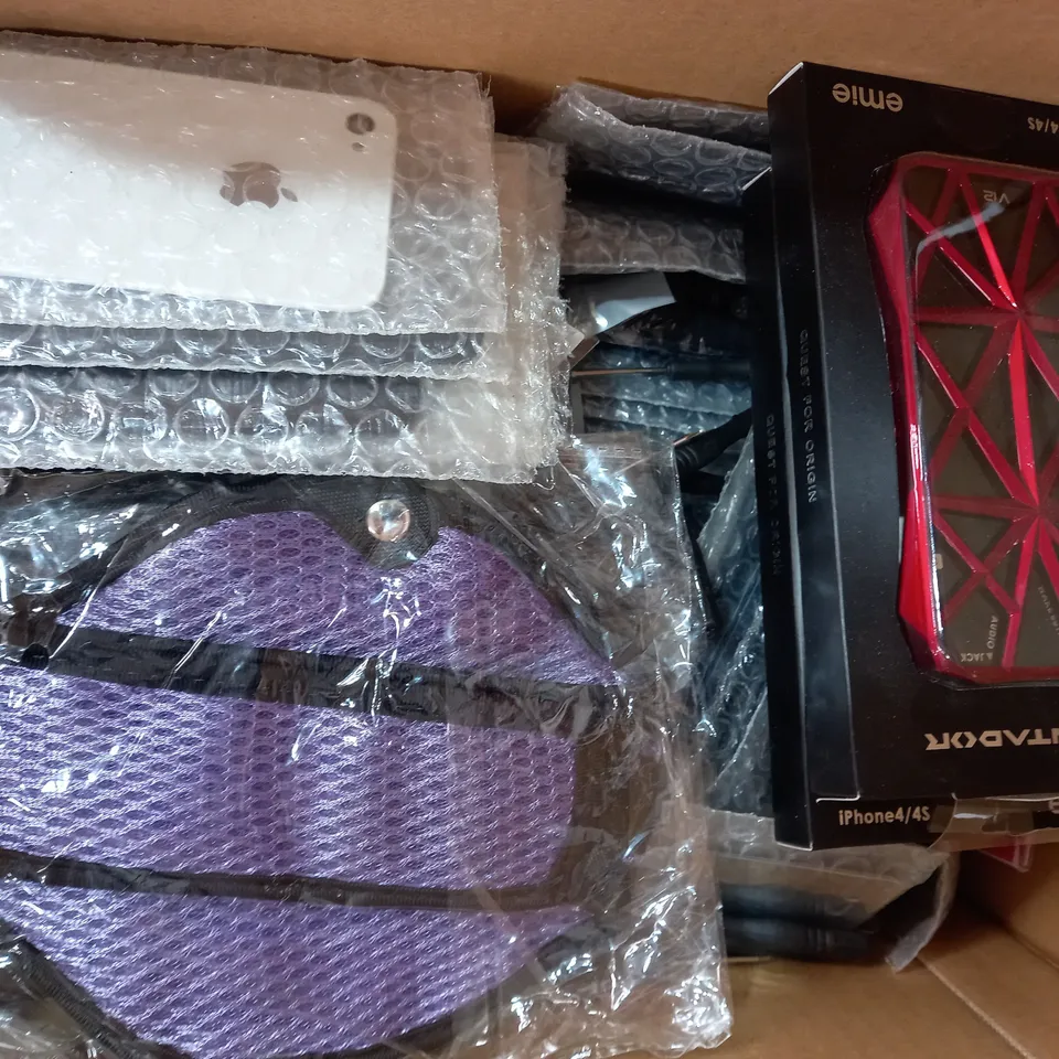 BOX OF APPROXIATELY 30 ASSORTED HOUSEHOLD ITEMS TO INCLUDE IPHONE BACK IN WHITE, EMIE AVENTADOR IPHONE 4/4S CASE, ETC