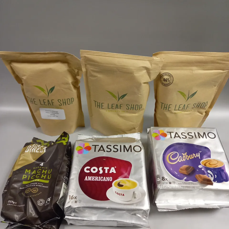 6 X ASSORTED DRINKING PRODUCTS TO INCLUDE THE LEAF SHOP TEA, TASSIMO & CAFÉ DIRECT 