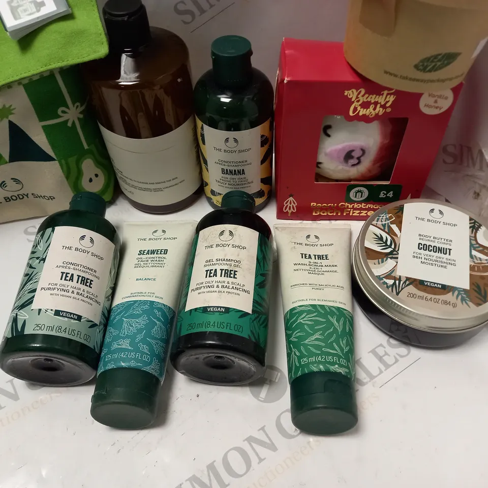 LOT OF BEAUTY PRODUCTS TO INCLUDE THE BODY SHOP CONDITIONER, ETC