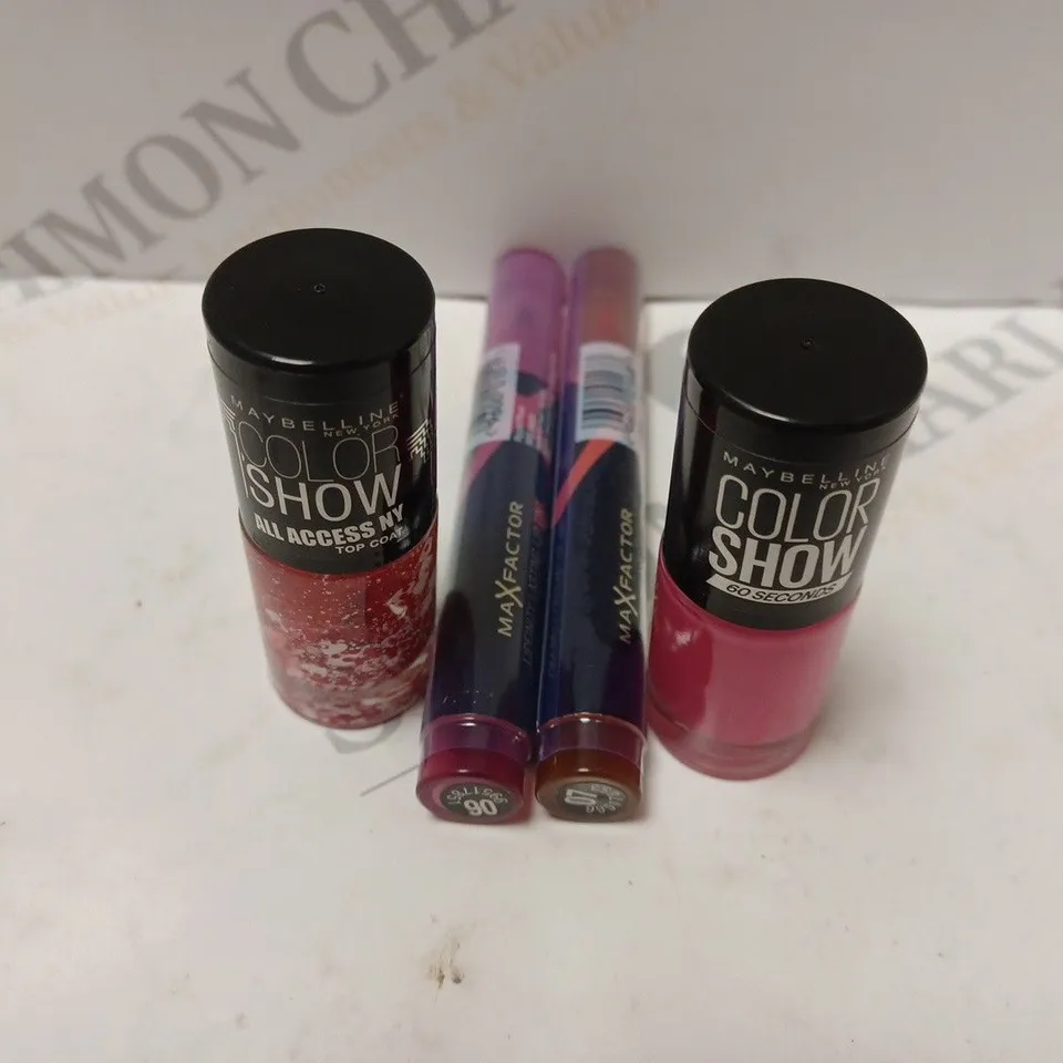 BOX OF APPROXIMATELY 10 ASSORTED MAKE-UP PRODUCTS TO INCLUDE MAYBELLINE, MAXFACTOR