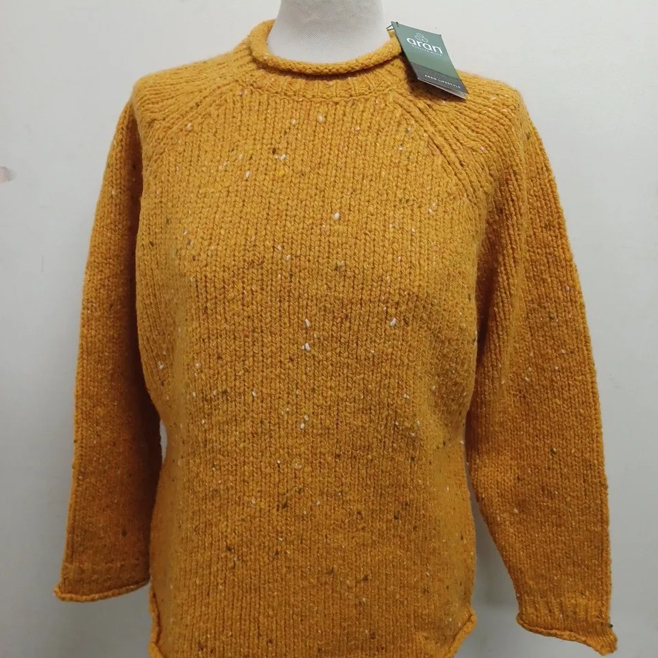 ARAN LADIES RAGLAN ROLL NECK CREW IN MUSTARD - LRG