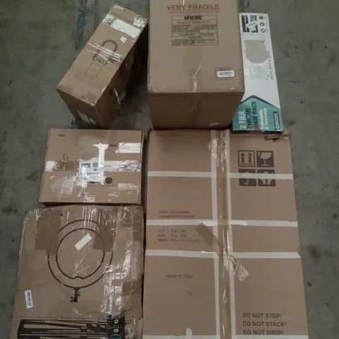 PALLET OF ASSORTED ITEMS INCLUDING ALUMINIUM FRAME WHITE BOARD, 2 TIER CHROME SHOE RACK , MYLEK 25L WATER URN, RING LIGHT, AIR MULTIPLIER TOWER FAN, RING LIGHT PHONE STAND