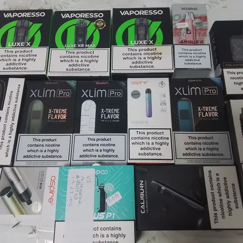 LOT OF ASSORTED E-CIGS AND PARTS TO INCLUDE VAPORESSO, CALIBURN AND VOOPOO