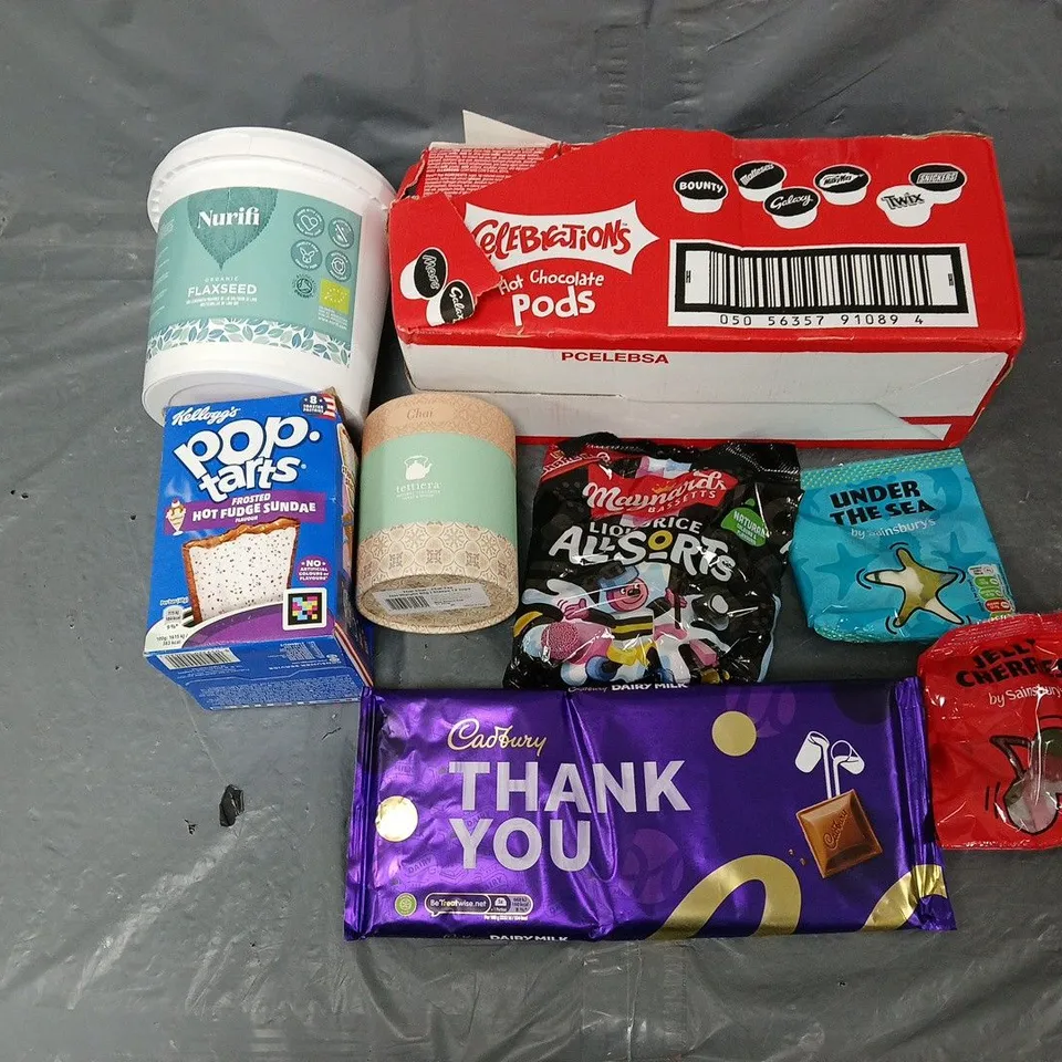 APPROXIMATELY 8 ASSORTED FOOD & DRINK ITEMS TO INCLUDE - CELEBRATIONS HOT CHOCOLATE, FLAXSEEDS, AND POPTARTS ETC. 
