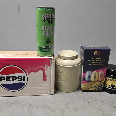 APPROXIMATELY 10 ASSORTED FOOD & DRINKS ITEMS TO INCLUDE - PERFECT TED PEAR GINGER DRINK , TASTE THE DIFFRENCE SWISS CHOCOLATE MINI EGGS , IRISH BLACK BUTTER ETC