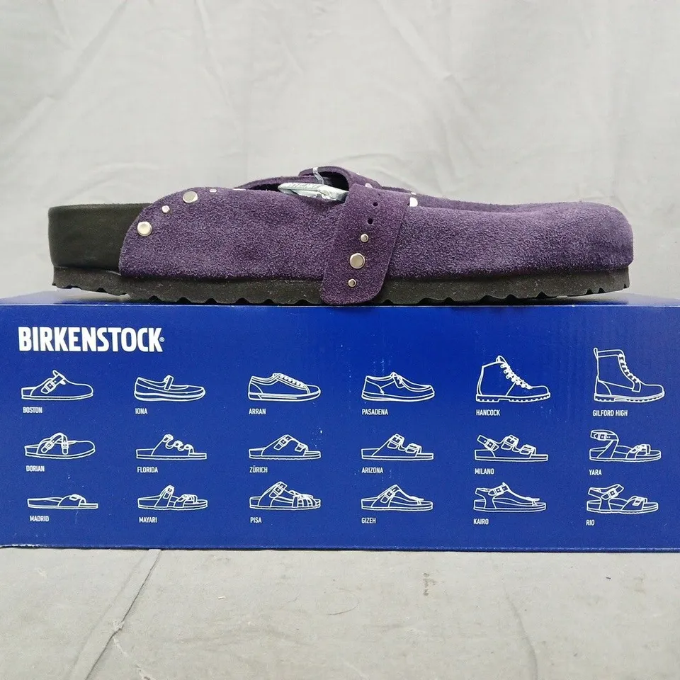 BOXED PAIR OF BIRKENSTOCK BOSTON RIVET BORDER SHOES IN PURPLE SIZE UK 8