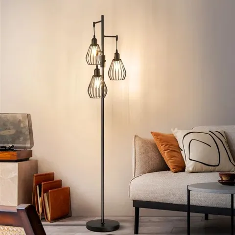 BOXED BLACK MODERN INDUSTRIAL STYLE 3-HEAD FLOOR LAMP WITH IRREGULAR SHADE