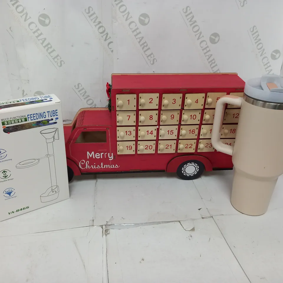 APPROXIMATELY 10 ASSORTED HOUSEHOLD ITEMS TO INCLUDE THERMAL FLASK, FEEDING TUBE, WOODEN TRUCK ADVENT CALENDAR, ETC