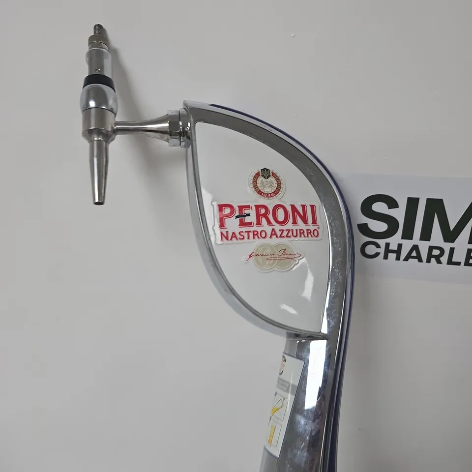 PERONI-BRANDED BEER TAP SPOUT WITH CURVED CHROME FAUCET & MOUNTING ASSEMBLY
