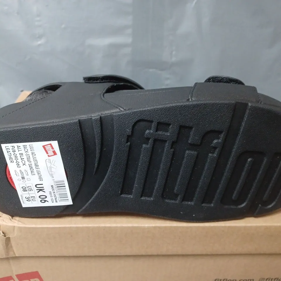 BOXED PAIR OF FITFLOP LULU ADJUSTABLE LEATHER STRAP SANDALS IN BLACK - UK 6