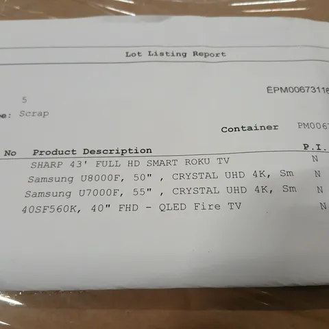 PALLET OF APPROXIMATELY FIVE DAMAGED TVS TO INCLUDE:
