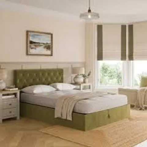 BOXED EMBERLY VELVET OTTOMAN BED FRAME, DOUBLE SIZE - OLIVE (3 BOXES)