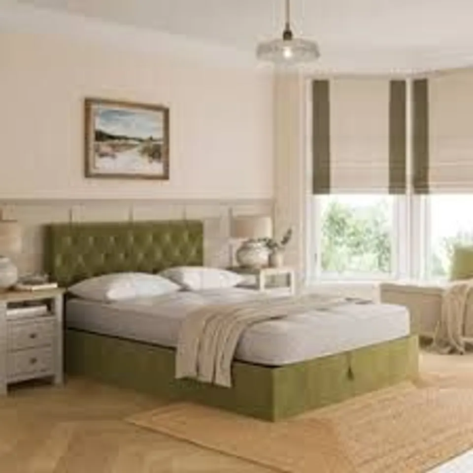 BOXED EMBERLY VELVET OTTOMAN BED FRAME, DOUBLE SIZE - OLIVE (3 BOXES)