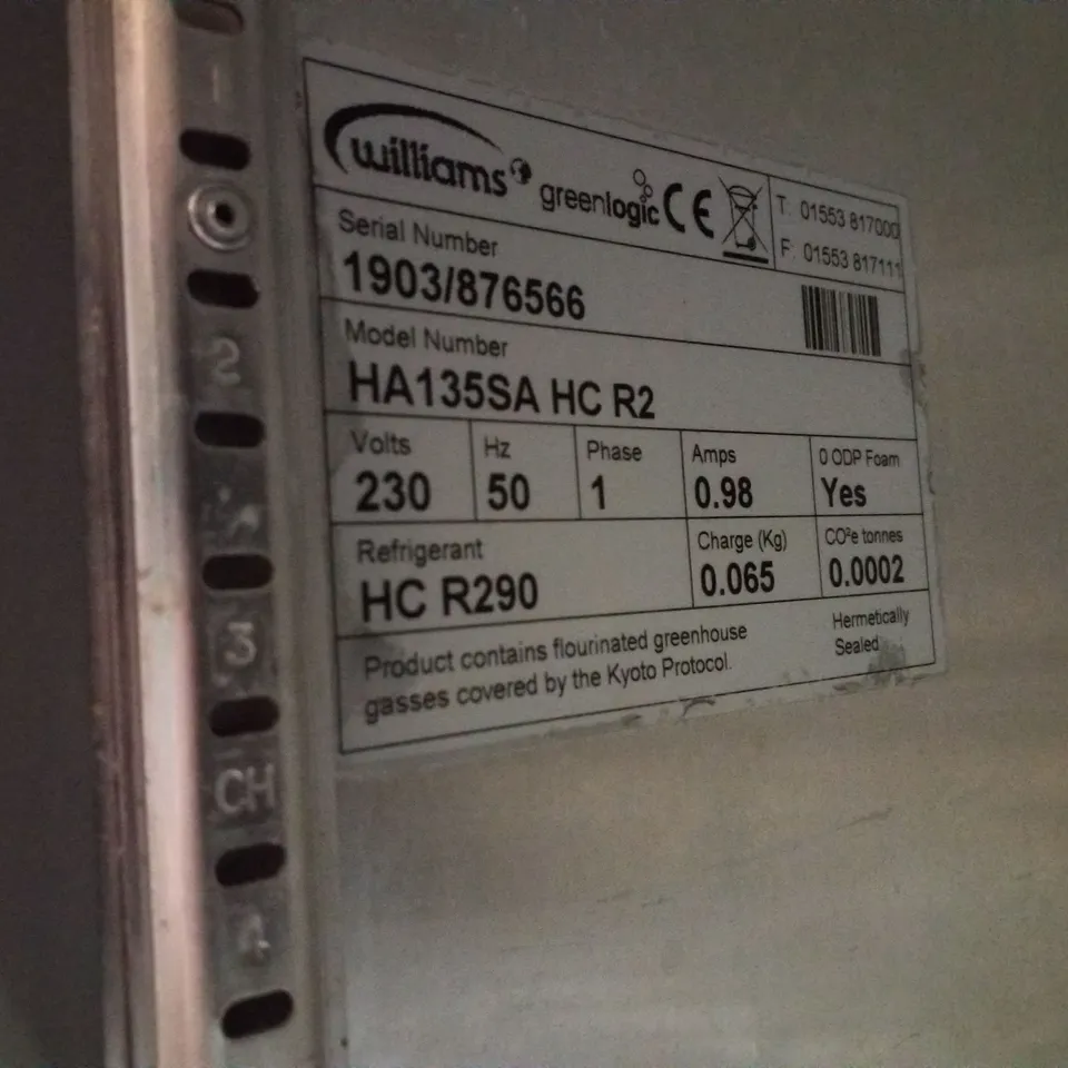 WILLIAMS HA135-SA SINGLE DOOR 135LTR UNDERCOUNTER REFRIGERATOR