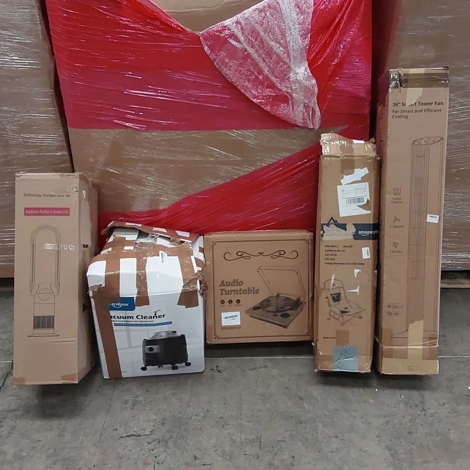 PALLET OF ASSORTED ITEMS INCLUDING: SMART TOWER FAN, VACUUM CLEANER, AUDIO TURNTABLE, BLADELESS PURIFIER & HEATER, CAMPING CHAIR, 