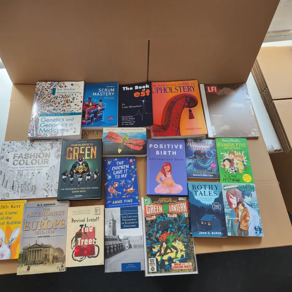 CAGE OF A SIGNIFICANT QUANTITY OF ASSORTED BOOKS BY MAX GLADSTONE, TATSUKI FUJIMOTO, CAITLIN MORAN, JULIA QUINN, ROBERT GREENE, REBECCA BIRELL, ETC