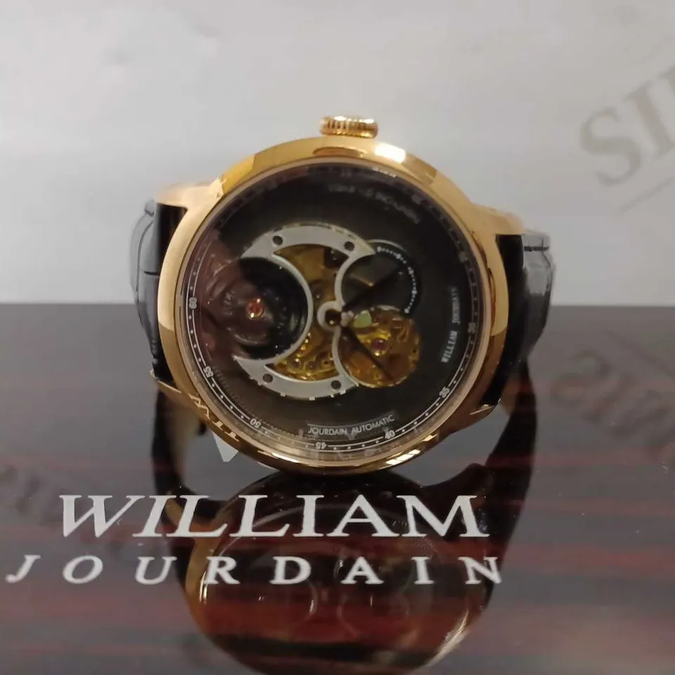 MENS WILLIAM JOURDAIN 8219 AUTOMATIC WATCH – JAPANESE MOVEMENT – STAINLESS STEEL CASE – SAPPHIRE CRYSTAL  GLASS – LEATHER STRAP WITH BUTTERFLY CLASP 