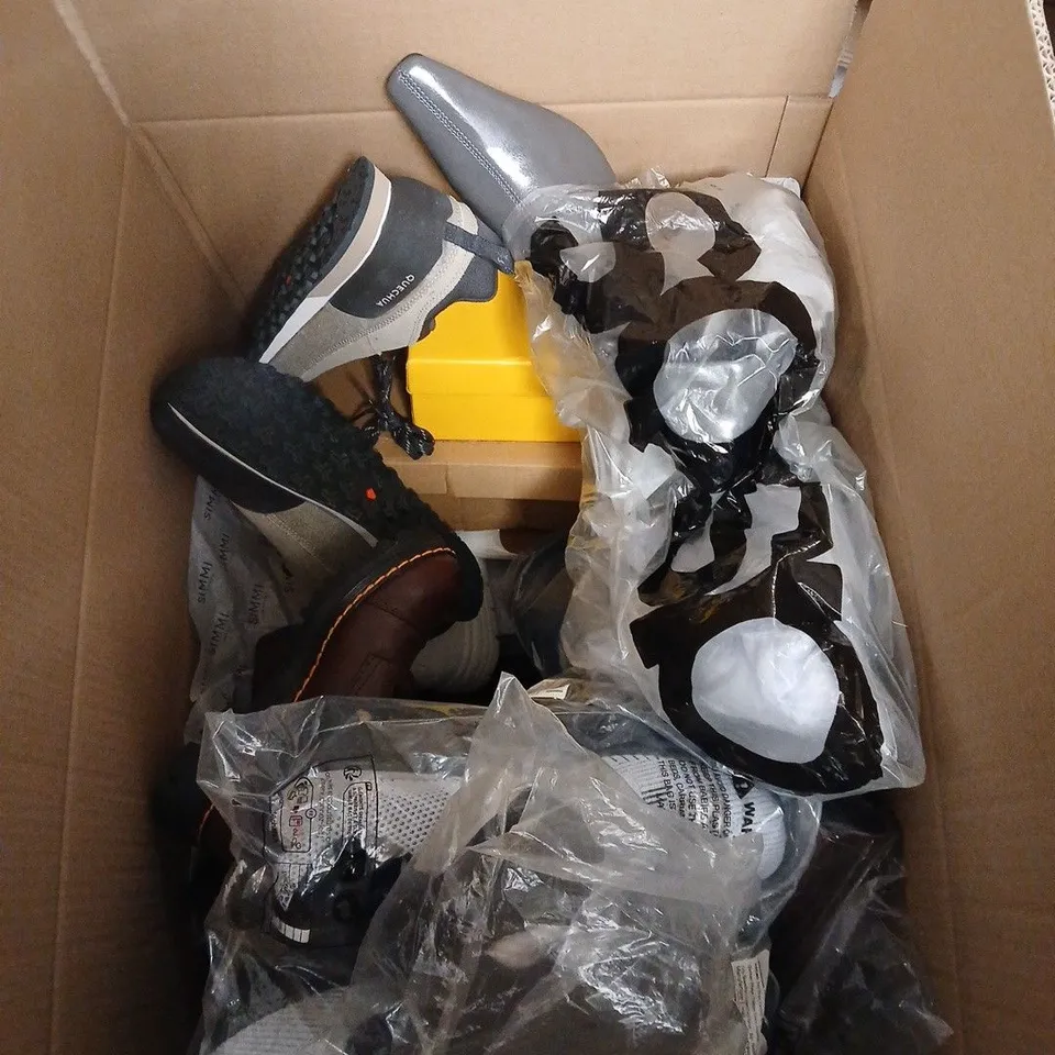 BOX OF APPROXIMATELY 20 ASSORTED PAIRS OF SHOES AND FOOTWEAR ITEMS IN VARIOUS COLOURS, STYLES, AND SIZES