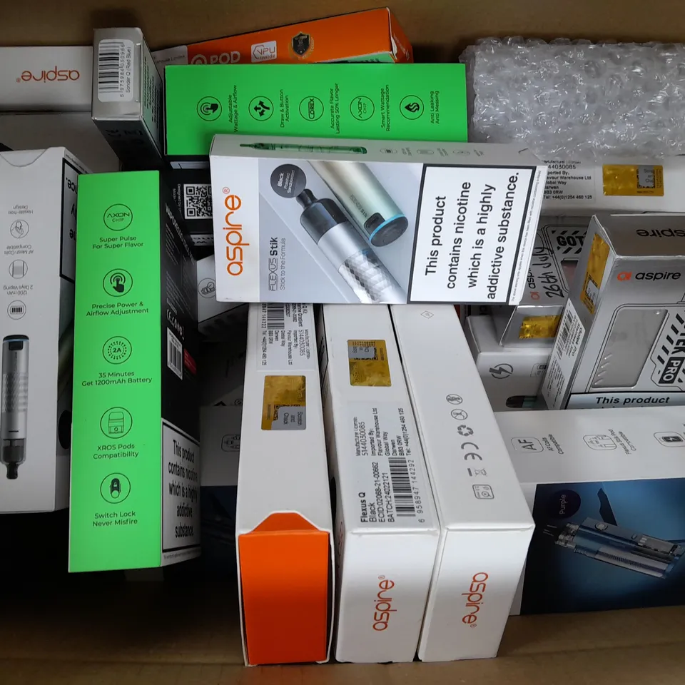 BOX OF APPROXIMATELY 10 ASSORTED E-CIGARETTE/VAPING PRODUCTS - MAKES, MODELS, COLOURS, AND STYLES VARY - COLLECTION ONLY