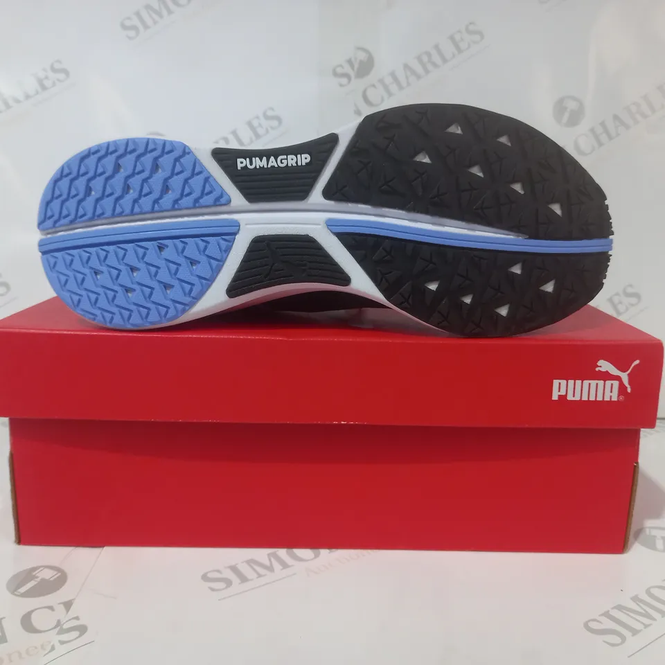 BOXED PAIR OF PUMA ELECTRIFY NITRO 2 SHOES IN BLUE/PURPLE/SILVER UK SIZE 5