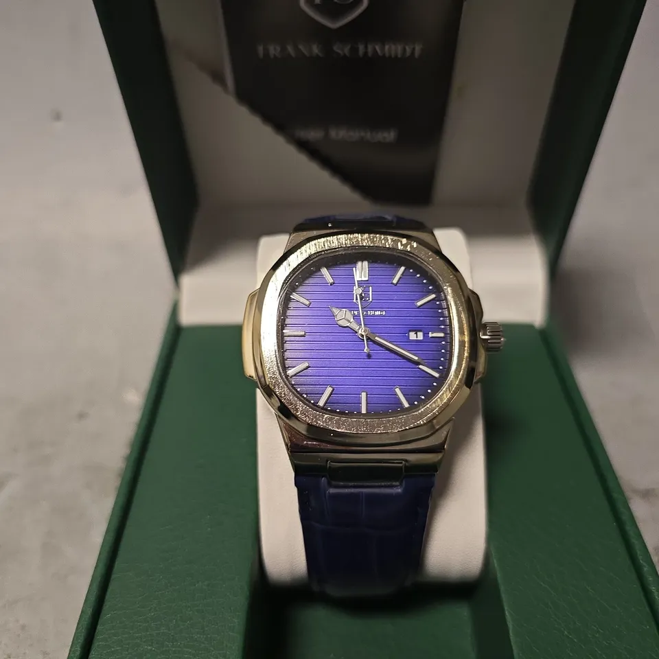 FRANK SCHMIDT WATCH – TEXTURED DIAL WITH DATE – LEATHER STRAP- MODEL: FSL AMBASSADOR – 3ATM WATER RESISTANT – GIFT BOX