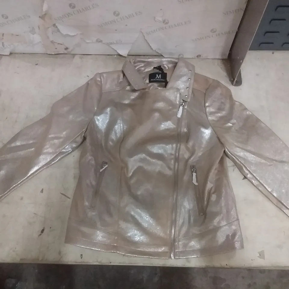BOX OF APPROXIMATELY 11 JULIEN MACDONALD BEIGE/SILVER BIKER JACKET - SIZE 14