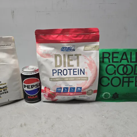 APPROXIMATELY 10 ASSORTED FOOD & DRINK ITEMS TO INCLUDE - DIET PROTEIN STRAWBERRY MILKSHAKE , RAVE COFFEE , PEPSI MAX ETC