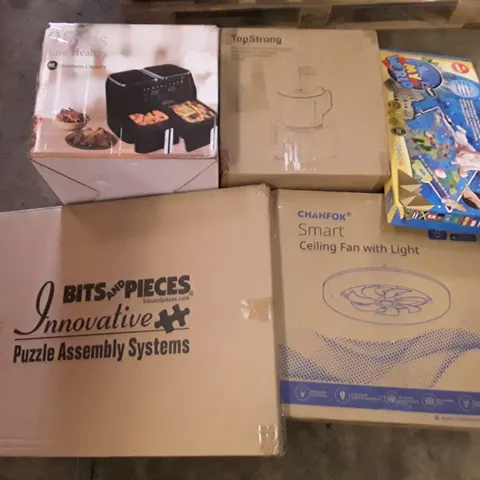 PALLET OF ASSORTED PRODUCTS INCLUDING DUAL AIR FRYER, PUZZLE ASSEMBLY SYSTEMS, CEILING FAN WITH LIGHT, MULTIFUNCTIONAL FOOD PROCESSOR, KIDS I-POSTER WORLD MAP