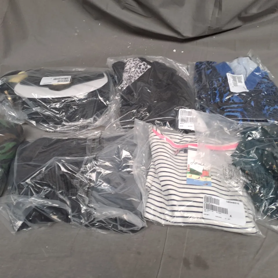 BOX OF ASSORTED CLOTHING ITEMS TOO INCLUDE COATS , TOPS, AND TROUSERS   ETC. 